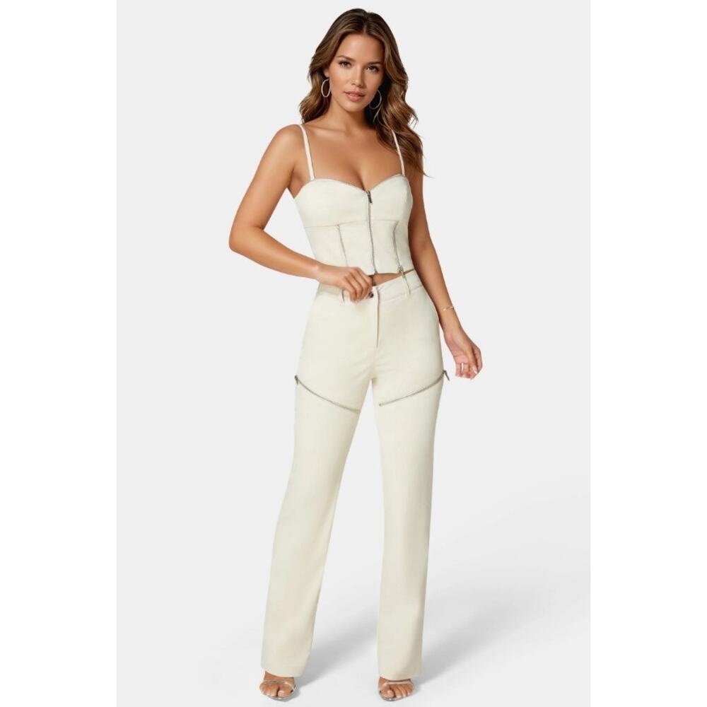 BEBE new Natural Waist Zipper Detail beige cream mini bootcut pants trousers - Picture 3 of 11